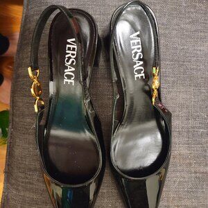 Worn once Versace black patent slingbacks